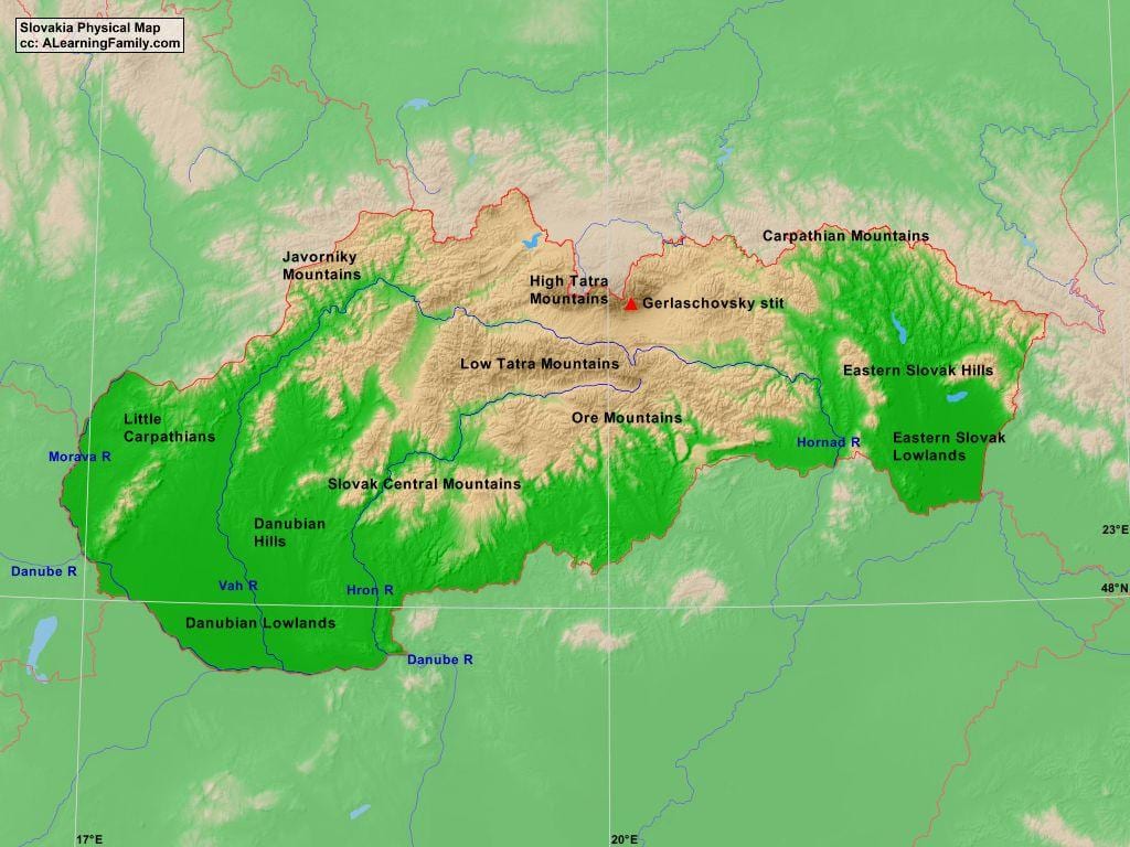 kort af Slóvakíu fjöll